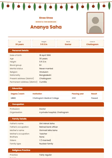 Toran Hindu marriage biodata template with a mango-leaf and marigold garland, vermilion headings and a framed photo (Saffron)