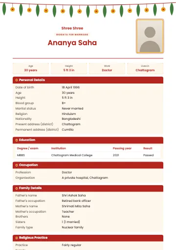 Toran Hindu marriage biodata template with a mango-leaf and marigold garland, vermilion headings and a framed photo