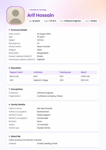 Gen Z style Vibe biodata template with a pastel gradient, white cards and fact chips