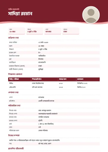 ওয়েভ বিয়ের বায়োডাটা টেমপ্লেট – নীল হেডারের নিচে দুই স্তরের ঢেউ, ডানে গোল ছবি ও ডোরা দেওয়া তথ্যের সারি (মেরুন)
