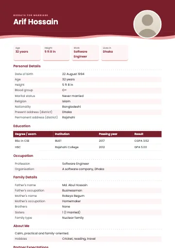 Wave marriage biodata template with a blue header ending in two layered waves, a round photo and striped rows (Maroon)