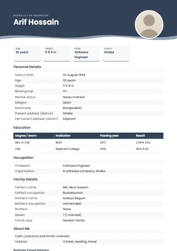Wave marriage biodata template with a blue header ending in two layered waves, a round photo and striped rows (Slate)