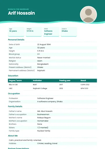 Wave marriage biodata template with a blue header ending in two layered waves, a round photo and striped rows (Teal)