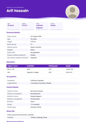 Wave marriage biodata template with a blue header ending in two layered waves, a round photo and striped rows (Violet)